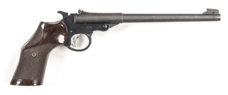 WEBLEY & SCOTT MKIII BREAK OPEN TARGET PISTOL: 22 LR; s/shot; 252mm (9 7/8") barrel; g. bore; standard sights; 22 L.R. TARGET PISTOL MK III to lhs of barrel; address to lhs of frame; s/n 5849 & Trade mark to rhs of frame; vg profiles & clear markings; bla