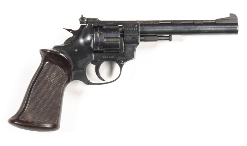 ARMINUS HW9 R/F REVOLVER: 22 LR; 6 shot fluted cylinder; 153mm (6") round barrel; g. bore; standard sights; Trade mark & HW9 to lhs of frame; g. profiles & clear markings; retaining 80% original blacked finish; vg brown plastic moulded grips; gwo & cond.