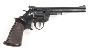 ARMINUS HW9 R/F REVOLVER: 22 LR; 6 shot fluted cylinder; 153mm (6") round barrel; g. bore; standard sights; Trade mark & HW9 to lhs of frame; g. profiles & clear markings; retaining 80% original blacked finish; vg brown plastic moulded grips; gwo & cond. 
