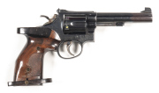 SMITH & WESSON MOD 14-2 C/F TARGET REVOLVER: 38 Special; 6 shot fluted cylinder; 127mm (5") barrel; standard sights; g. bore; Cal markings to barrel; address to rhs of frame; sharp profiles & clear markings; retaining 85% original blue finish with marks t