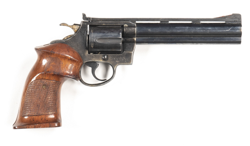 SQUIRES BINGHAM THUNDER CHIEF C/F TARGET REVOLVER: 38 Special; 6 shot fluted cylinder; 153mm (6") barrel; g. bore; standard sights & ventilated barrel rib; g. profiles & clear markings; retaining 70% orig blue finish with most losses to the frame; g. cont