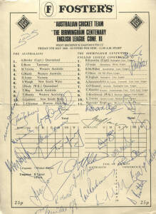 1989 Australia v The Birmingham Centenary - League Cricket Conference, rare scorecard with 25 signatures including Allan Border, Geoff Marsh, Dean Jones, Bryan Knowles, Simon O'Donnell & Maninder Singh.