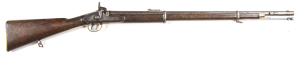 COLONIAL ISSUE TOWER LANCASTER VOLUNTEER PERCUSSION RIFLE: 577 Cal; 31.75” barrel; p. bore; standard sights & fittings; lock marked VR & ROYAL CYPHR. TOWER 1860; brass t/guard & furniture; butt tang inscribed V.V. B 58; g. profiles & clear markings; grey/