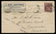 Aerophilately & Flight Covers : 4 Sept. 1919 (AAMC.23) Hobart - Launceston cover with Peace Loan advertising and KGV 1½d brown carried by ED Cummings in a Sopwith Pup on the first aerial mail flight in Tasmania, violet two-line 'FIRST TAS. AERO MAIL/DPMG'