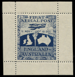Aerophilately & Flight Covers : 1919 (AAMC.27b, Frommer 1a) "Ross Smith" Flight vignette with full margins and superb unmounted mint full gum. Probably the finest example in private hands. This is #C16 in the Frommer listing, illustrated at page 126. Cat. $18,000 for mounted mint.