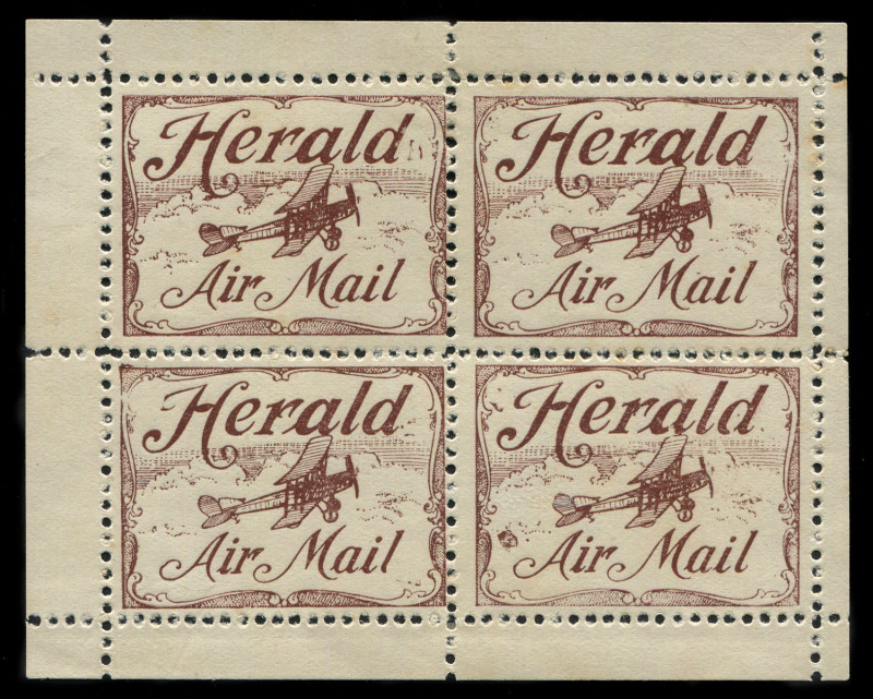 Aerophilately & Flight Covers : 10 Aug.1920 (AAMC.48c, Frommer 3b) The Herald & Weekly Times experimental flight Melbourne - Hamilton, 'Herald Air Mail' vignette in brown, complete block 2*/2** with selvedge (rare, only 3 blocks known to exist).