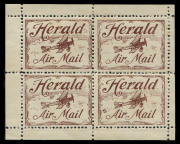 Aerophilately & Flight Covers : 10 Aug.1920 (AAMC.48c, Frommer 3b) The Herald & Weekly Times experimental flight Melbourne - Hamilton, 'Herald Air Mail' vignette in brown, complete block 2*/2** with selvedge (rare, only 3 blocks known to exist).