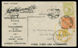 Aerophilately & Flight Covers : 4 Dec.1921 Perth - Derby (AAMC.56a) Jas A Dimmett Motor Accessories Castrol Oil advertising cover carried by Western Australian Airways on the inaugural flight of Australia's first regular airmail service with 3d Kangaroo (surface fault) and KGV 2d orange tied PERTH cancels, paying domestic letter rate plus 3d airmail surcharge, black 'PERTH DERBY/4DE21/AERIAL MAIL' skeleton cachet on face, 'DERBY/20DEC21/WESTN AUSTRALIA' arrival datestamp on reverse, Cat. $1100.