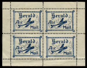 Aerophilately & Flight Covers : 17 Apr.1922 (AAMC.64c, Frommer 5b) For the "Herald & Weekly Times" experimental air mail flight from Melbourne - Geelong & return, a 'Herald Air Mail' vignette in blue was prepared; a very rare complete block of 4 with selvedge, MUH. It is believed that fewer than 5 blocks survive.Provenance: Tom Frommer