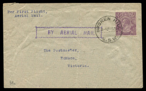 Aerophilately & Flight Covers : 21-22 July 1925 (AAMC.80-89a) Adelaide - Melbourne - Sydney per Australian Aerial Services intermediates group comprising Melbourne-Echuca, Melbourne-Sydney, Echuca-Broken Hill, Deniliquin-Broken Hill, Hay-Broken Hill, Broken Hill-Echuca, Broken Hill-Mildura, Sydney-Deniliquin & Sydney-Echuca between #80-89a, KGV adhesives including 4d olive (2) & 4½d (5); generally fine to very fine, Cat $2700. (9 covers)