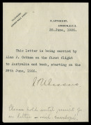 Aerophilately & Flight Covers : 30 June 1926 England - Australia - England (AAMC.96) cover signed by pilot "Alan J Cobham" and endorsed by him "Carried on board the DH50 Seaplane/on its outward journey to Australia & back/July August Sept 1926" with Great - 2