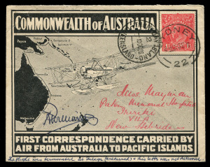 Aerophilately & Flight Covers : 25 Sept.1926 (AAMC.102) A cover flown and signed by Group Captain Richard Williams on his survey flight from Melbourne to various Pacific Islands in a DH50A seaplane. The intention was to follow the east coast as far as Thursday Island and then via Papua, New Britain and the Solomon Islands to the New Hebrides and New Caledonia before turning east again for Fiji and Samoa. Engine trouble and sickness caused the crew of Williams, McIntyre and Trist to fly no furthe