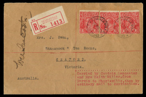 Aerophilately & Flight Covers : 14 Oct. 1927 (AAMC.112) England - Australia intermediate cover from Northern Territory to Victoria endorsed "Carried by Captain Lancaster and Mrs Keith Miller from Darwin to Charleville, then by ordinary mail to destination" with KGV 1½d red (3) tied 'CHARLEVILLE/28MR28/QUEENSLAND' datestamps on arrival with red R label affixed alongside and signed by pilot "WA Lancaster" on face, TOOWOOMBA '27MR28' transit and MELBOURNE '29MR28" arrival datestamps on back, Cat $1