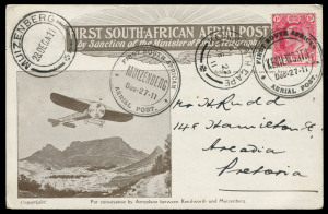 SOUTH AFRICA - Aerophilately & Flight Covers : SOUTH AFRICA - Aerophilately & Flight Covers: 27th Dec 1911 Kenilworth - Muizenberg 'FIRST SOUTH-AFRICAN AERIAL POST' PPC with C.O.G.H. KEVII 1d tied by superb strike of 'FIRST SOUTH AFRICAN/KENILWORTH/Dec-27-11/AERIAL POST cachet with KENILWORTH CAPE datestamp alongside, similar MUIZENBERG 'Dec-27-11' arrival cachet with datestamp alongside, couple of very minor blemishes. Ex Frommer.