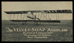 Aerophilately & Flight Covers : Aug.1920 (AAMC.47c) "Velvet Soap" advertising postcard dropped over Melbourne by R. Graham Carey in his Maurice Farman Shorthorn biplane, as depicted on the card. The reverse of the card shows Carey in the cockpit and an ae