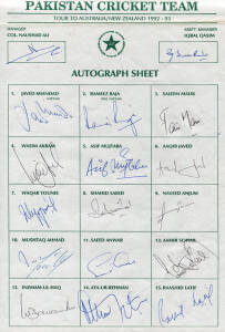 1992-93 Pakistan Team to Australia & NZ, official team sheet with 17 signatures including Javed Miandad, Wasim Akram & Inzmam-Ul-Haq. Fine condition.