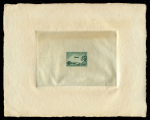 Aerophilately & Flight Covers : 1929 3d Green Airmail: Presentation Die Proof in the issued colour, on thick stock, 215 x 167mm. One of 12 produced from a special 1-on plate for presentation to the six members of the stamp design committee as well as asso