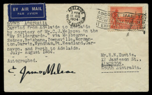 Aerophilately & Flight Covers : 7 - 14 August 1934 (AAMC.396) Round Australia cover carried from Adelaide to Adelaide aboard "My Hildegarde" and signed by the pilot, James Melrose. Melrose flew eastward and concluded his journey in the record time of sev