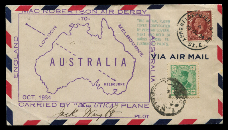Aerophilately & Flight Covers : October 1934 (AAMC.451a) MacRobertson Air Race cover flown by J.H Wright and J. Polando from Mildenhall to Abadan with large cachet signed by Wright, G.B 1½d cancelled at Mildenhall Aerodrome (skeleton c.d.s, Oct. 20) and P