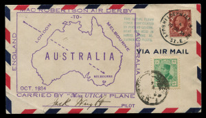 Aerophilately & Flight Covers : October 1934 (AAMC.451a) MacRobertson Air Race cover flown by J.H Wright and J. Polando from Mildenhall to Abadan with large cachet signed by Wright, G.B 1½d cancelled at Mildenhall Aerodrome (skeleton c.d.s, Oct. 20) and Persia 30d cancelled at Abadan, posted to Utica New York with arrival backstamp. 179 Covers flown to Abadan, but 110 of these were destroyed. Wright and Polando withdrew from the race at Calcutta due to engine trouble.