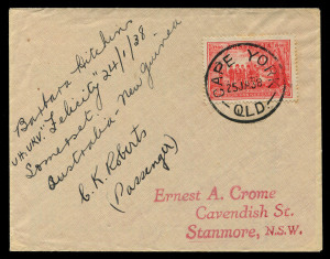 PAPUA - Aerophilately & Flight Covers : 20 Jan.1938 (AAMC.P123) Sydney - Cape York cover flown and signed by Barbara Hitchins in her Gispy Moth "Felicity", endorsement at left and cancelled (25.1.38) on arrival at Cape York en route for Port Moresby. [5 f