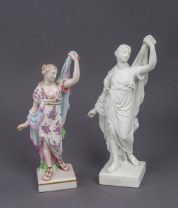 An 18th century bisque porcelain statue with incised crown and cross mark No.193; together with a 19th century glazed version (unmarked), 24cm and 22cm high