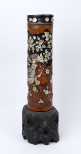 A Japanese Shibayama pot on carved wooden stand, Meiji period, with numerous losses, 66cm high
