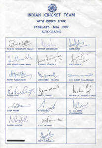 1997 India team to West Indies, team sheet with 18 signatures including Sachin Tendulkar, Sourav Ganguly & V.V.S.Laxman; plus 1996 India team to South Africa, page with 14 signatures.