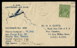 Aerophilately & Flight Covers : 16 Dec.1936 (AAMC.664-696) Brisbane - Adelaide South Australian Centenary Air Race, the complete set of 33 covers individually prepared for each competitor in their respective aircraft including the Civil Aviation Department's Monospar piloted by Flt Lieut D Ross (AAMC.695) & the "Herald" Percival Monospar Gull (AAMC.696) piloted by Capt. P.G. Taylor, who both flew as officials not competitors, plus the unlisted cover prepared for CA Butler who was unable to compe