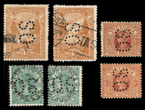AUSTRALIAN COLONIES & STATES - General & Miscellaneous Lots : OFFICIALS: Perf 'OS' range with NSW (15) to 4d Cook & 6d orange; Tasmania Pictorials (21) including Crown/A P.12½ 4d (2) plus 1d & 2d array for various printings/perfs; Victoria 1901-13 (40) to 1/- including 9d (2) and mint 1½d (2); also South Australia (13) to 5d; condition variable. (Total: 89)