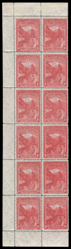 TASMANIA : TASMANIA: 1899-1900 (SG.230) 1d bright lake, De La Rue Printing marginal strip of 12 (2x6) from left of pane, showing Plate No "3" in red in lower-left corner, mounted at top only, lower ten units MUH.