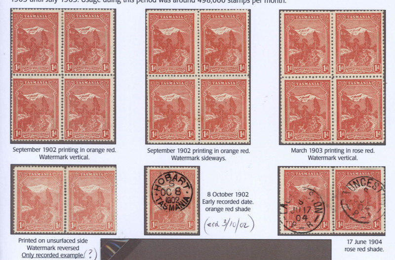 TASMANIA : 1902-04 (SG.240) Electro Printing: 1d pale red selection comprising mint blocks of 4 (3) with P.12½ Upright Wmk & Sideways Wmk and P.11 Upright Wmk, mint P.12½ pair on Unsurfaced Paper (stated to be only recorded example), also used single with