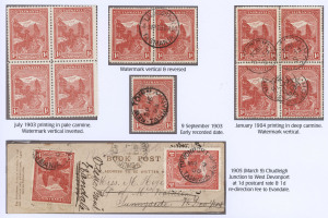 TASMANIA : 1902-04 (SG.240) Electrotyped Printing: 1d red Electros 3 & 4 selection with P.11 Wmk (Upright Inverted) block of 4 mint & P12½ block of 4 used, P.12½ Wmk Vertical & Reversed pair used, plus P12½ & P11 singles on redirected postcard fragment (P.11 stamp may not belong) and a P12½ single with an early date.