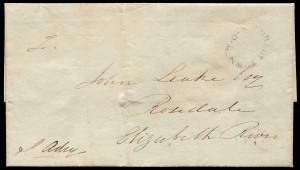 TASMANIA - Postal History : 1832 (Mar.3) outer from Hobart Town to John Leake at Rosedale, with fair strike of the oval "HOBART TOWN/V.D.L" handstamp, signed at lower-left by Stephen Adey, Superintendent of Stock and Farms for Van Diemen's Land Company an