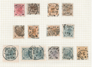 AUSTRIA - Postal History : Vienna number-code cancels on 1901-07 issues, with good range of codes between '1' and '127', some duplication, many fine large-part strikes, some complete on piece, others on pairs and all on annotated album pages. Good lot. (1