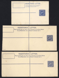 FIJI : Postal Stationery - Registration Envelopes: 1920-37 unused selection with KGV 1920 2d+2d size G (2, slightly different lengths), 1927 2d+3d size H2 (3, two optd 'SPECIMEN'), 1927 unlisted size G optd 'SPECIMEN', 1937 2d+4d brown KGVI, generally fine overall. (7 items).