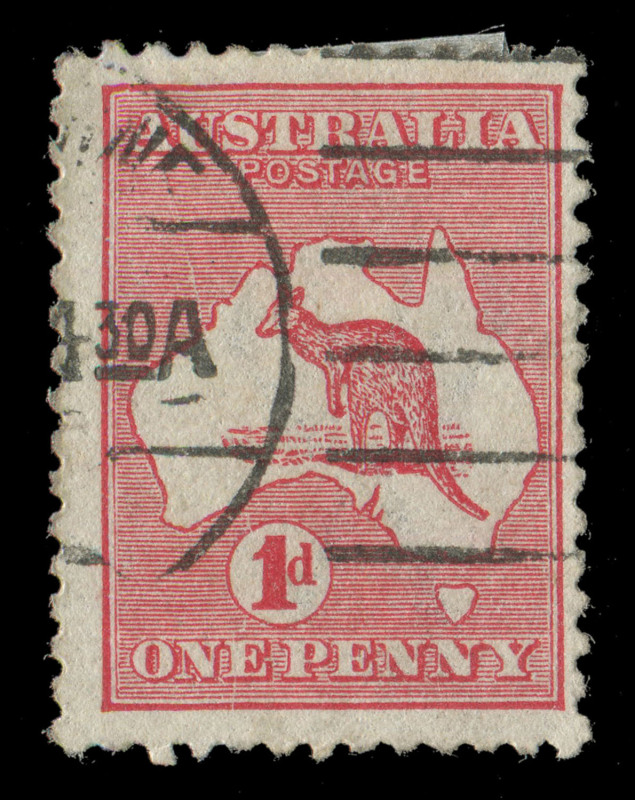 Kangaroos - First Watermark : 1d Red (Die IIA) with "Cracked Electro" - State 1 - Big Crack variety, used, BW.4(G)la - Cat.$750. 