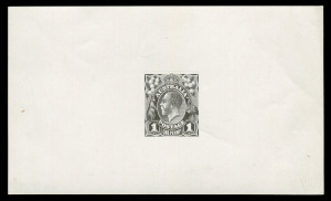 KGV Heads - Single Watermark : THE PERKINS BACON DIE PROOFS: State 2 die proof with a field of horizontal lines behind the King's head, in black on highly glazed thin card (125x75mm) with no endorsements on the face, 'PERKINS BACON & CO LTD/PROOF/...' cachet on the reverse, BW:70(DP)12Ac - Cat. $12500. Six examples recorded. Ex Perkins Bacon Archives.