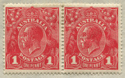 KGV Heads - Single Watermark : 1d Brownish-Red Die III (G112) pair with variety "Break in upper frame at left" [15] on left side unit (small hinge thin), shade identified by Orlo Smith (for then G107), and gives the correct purplish-red u/v reaction, a 1d