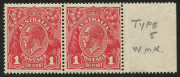 KGV Heads - Single Watermark : 1d Brownish-Red Die III (G112) pair with variety "Break in upper frame at left" [15] on left side unit (small hinge thin), shade identified by Orlo Smith (for then G107), and gives the correct purplish-red u/v reaction, a 1d - 2