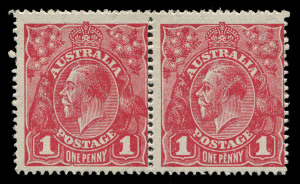 KGV Heads - Large Multiple Watermark : Harrison 1d Carmine-Rose [G104] pair (2), left hand unit variety "Secret mark" [VII/1], fine MLH, BW:74A(4)d - Cat. $365+.