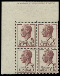 Other Pre-Decimals : 1951-53 (SG.247) 3½d Brown-Purple KGVI upper-left corner block of 4 with "Misplacement of large part of the Authority imprint (upper line partially guillotined) from adjoining pane into the upper sheet margin" BW:226zg variety, MUH.