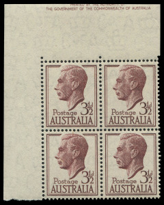 Other Pre-Decimals : 1951-53 (SG.247) 3½d Brown-Purple KGVI upper-left corner block of 4 with "Misplacement of large part of the Authority imprint (upper line partially guillotined) from adjoining pane into the upper sheet margin" BW:226zg variety, MUH.