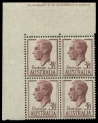 Other Pre-Decimals : 1951-53 (SG.247) 3½d Brown-Purple KGVI upper-left corner block of 4 with "Misplacement of large part of the Authority imprint (upper line partially guillotined) from adjoining pane into the upper sheet margin" BW:226zg variety, MUH.