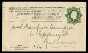 Envelopes : Group of (3) comprising 1918-19 1d Red Die 4 + &frac12;d Green KGV Star Embossed BW: EP14 unused, 1923-30 'THREE HALFPENCE' on 2d Red BW: EP26 unused, also 1924-28 1d KGV Star 1d Green PTPO for 'MMBW' used, unsealed flap; Cat $260. - 2