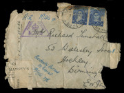 Aerophilately & Flight Covers : AUSTRALIA: Aerophilately & Flight Covers: Dec.1941&nbsp;large-part distressed airmail cover-front to England with KGVI 3d x2 - singed, a third missing - tied by 'AIF FIELD PO/NO 24' cds in use at Hama in Lebanon (Proud "Not Seen