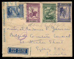 PORTUGUESE COLONIES : MOZAMBIQUE TO AUSTRALIA: 1940 (June 27) censored Blue Star Line cover from Lourenço Marques to Sydney, redirected to Double Bay franked 15E05, representing UPU 1E75 + airmail surcharge 6E25 per 5gms x2 (overpaid); sent via Cairo where it joined BA service Horseshoe route (likely flight NE3), Egyptian Censor tape/handstamp. Extremely rare origin/destination.