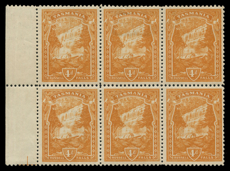 TASMANIA : TASMANIA: 1905-12 (SG.247bb) Litho Using Transfers from DLR Plates, 4d orange-buff Compound Perf (11x12½x11x12½) block of 6 from the left of the sheet, fine mint, Cat. £3000+. Extremely rare multiple.