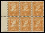 TASMANIA : TASMANIA: 1905-12 (SG.247bb) Litho Using Transfers from DLR Plates, 4d orange-buff Compound Perf (11x12&frac12;x11x12&frac12;) block of 6 from the left of the sheet, fine mint, Cat. &pound;3000+. Extremely rare multiple.