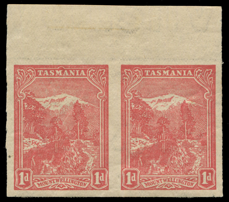 TASMANIA : 1905-11 (SG.250f) Typo Using Electrotyped Plates Wmk Upright (Inverted) 1d rose-red IMPERFORATE PAIR from the top of the sheet, with large part inverted 'AUSTRALIA' sheet edge watermark in the upper margin, fine mint, Cat. £700.